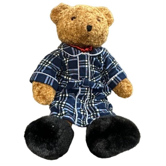 Plaid Pajama Teddy Bear Plush With Black Faux Fur Paws & Red Bow Tie 14 Inches - Picture 1 of 11